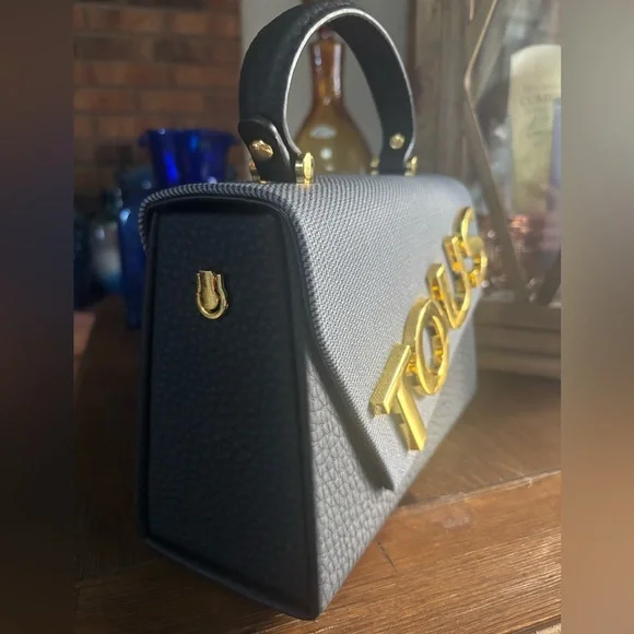 TOUS MINI TOP HANDLE CROSSBODY PURSE LUXURY BLACK AND GRAY FAUX LEATHER - Picture 5 of 12